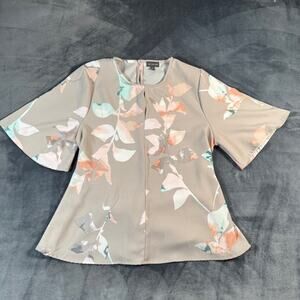 The Limited Petite Large Gray Floral Flutter Sleeve Tie Back Blouse PL
